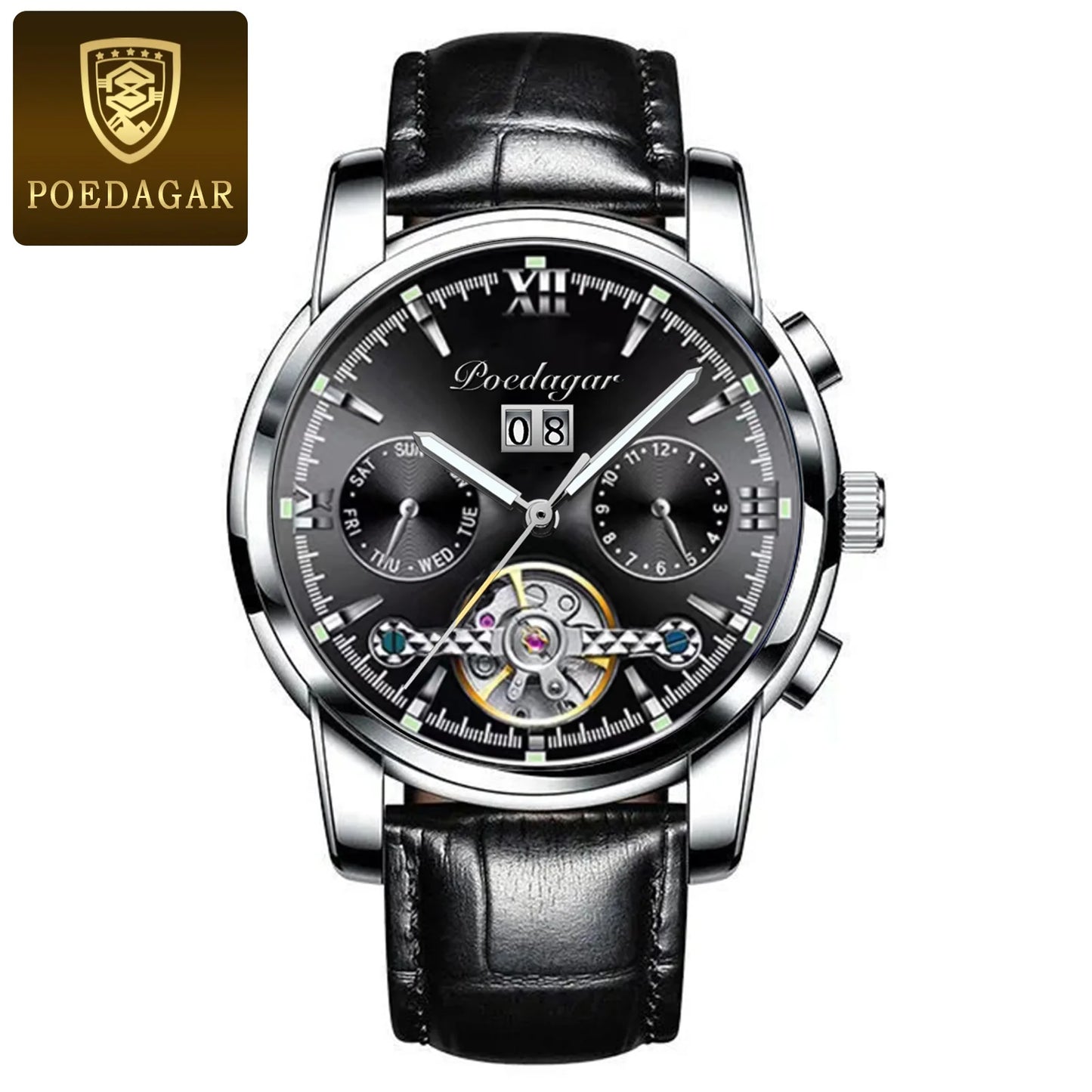 POEDAGAR Automatic Mechanical Man Wristwatch Hollow Tourbillon Stainless Steel Men Watch Waterproof Luminous Date Men's Watches