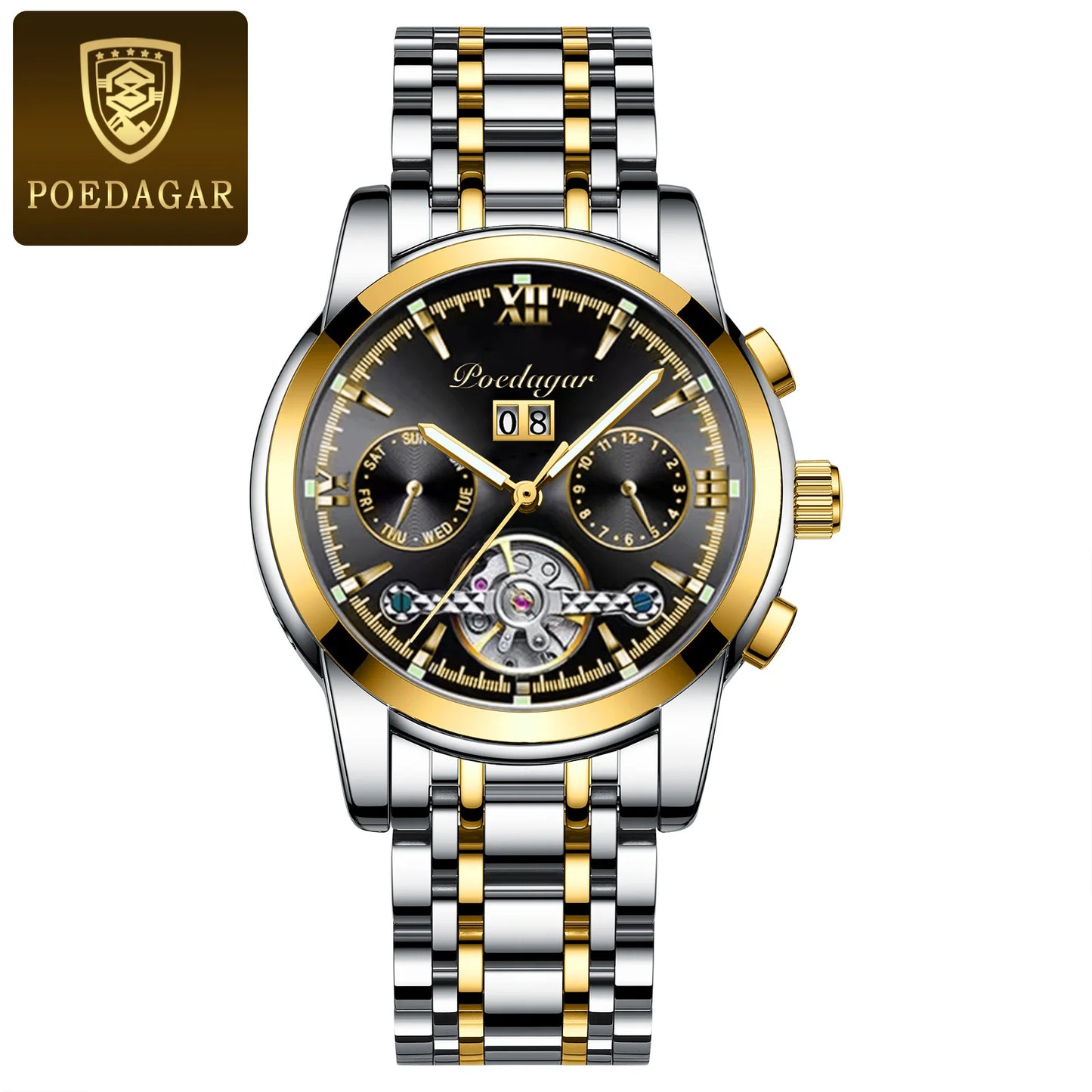 POEDAGAR Automatic Mechanical Man Wristwatch Hollow Tourbillon Stainless Steel Men Watch Waterproof Luminous Date Men's Watches