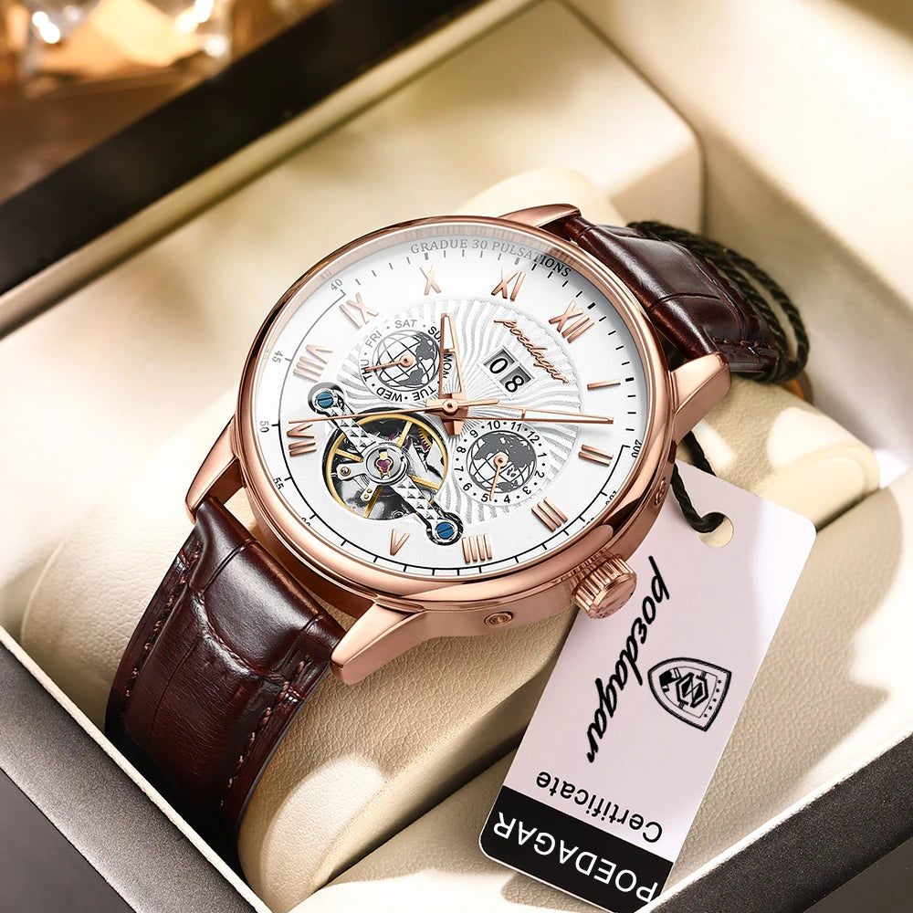 POEDAGAR Automatic Mechanical Tourbillon Business Watch Casual Date&Week&Month Luminous Waterproof Leather Men Watch Hot Relojes