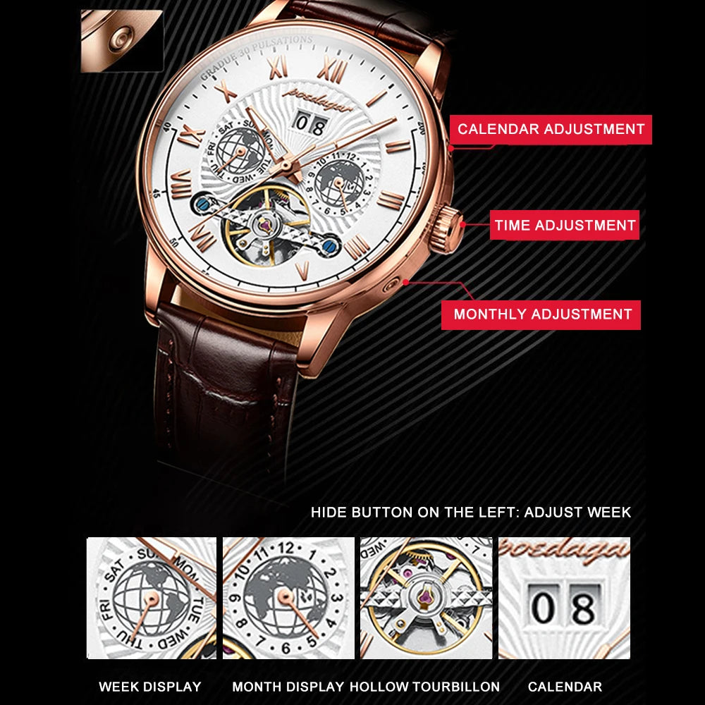 POEDAGAR Automatic Mechanical Tourbillon Business Watch Casual Date&Week&Month Luminous Waterproof Leather Men Watch Hot Relojes