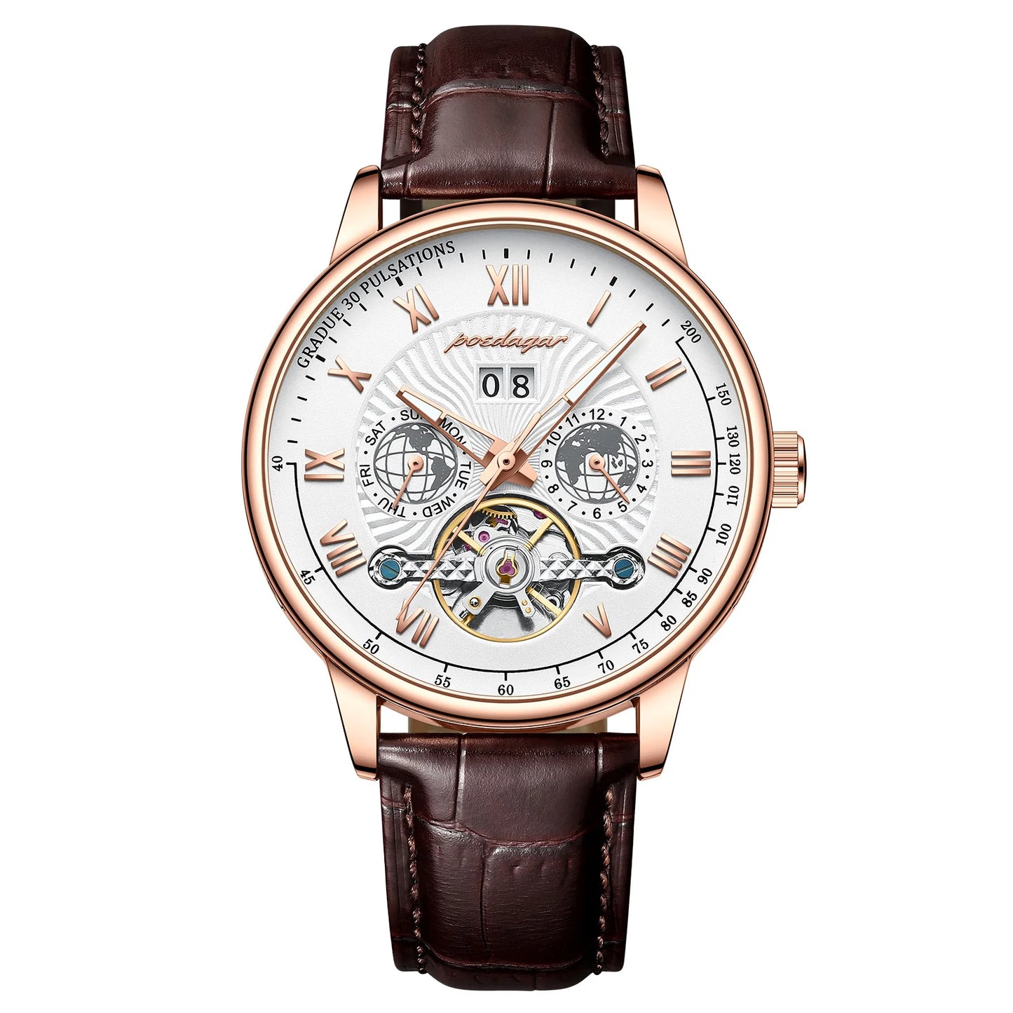 POEDAGAR Automatic Mechanical Tourbillon Business Watch Casual Date&Week&Month Luminous Waterproof Leather Men Watch Hot Relojes