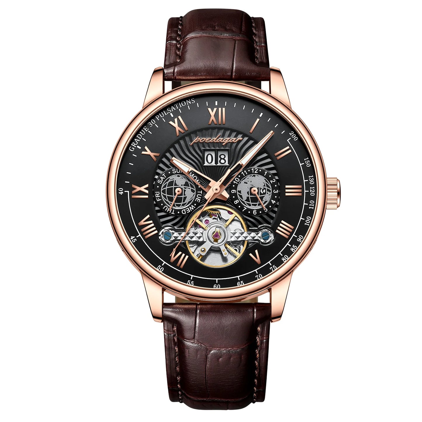 POEDAGAR Automatic Mechanical Tourbillon Business Watch Casual Date&Week&Month Luminous Waterproof Leather Men Watch Hot Relojes