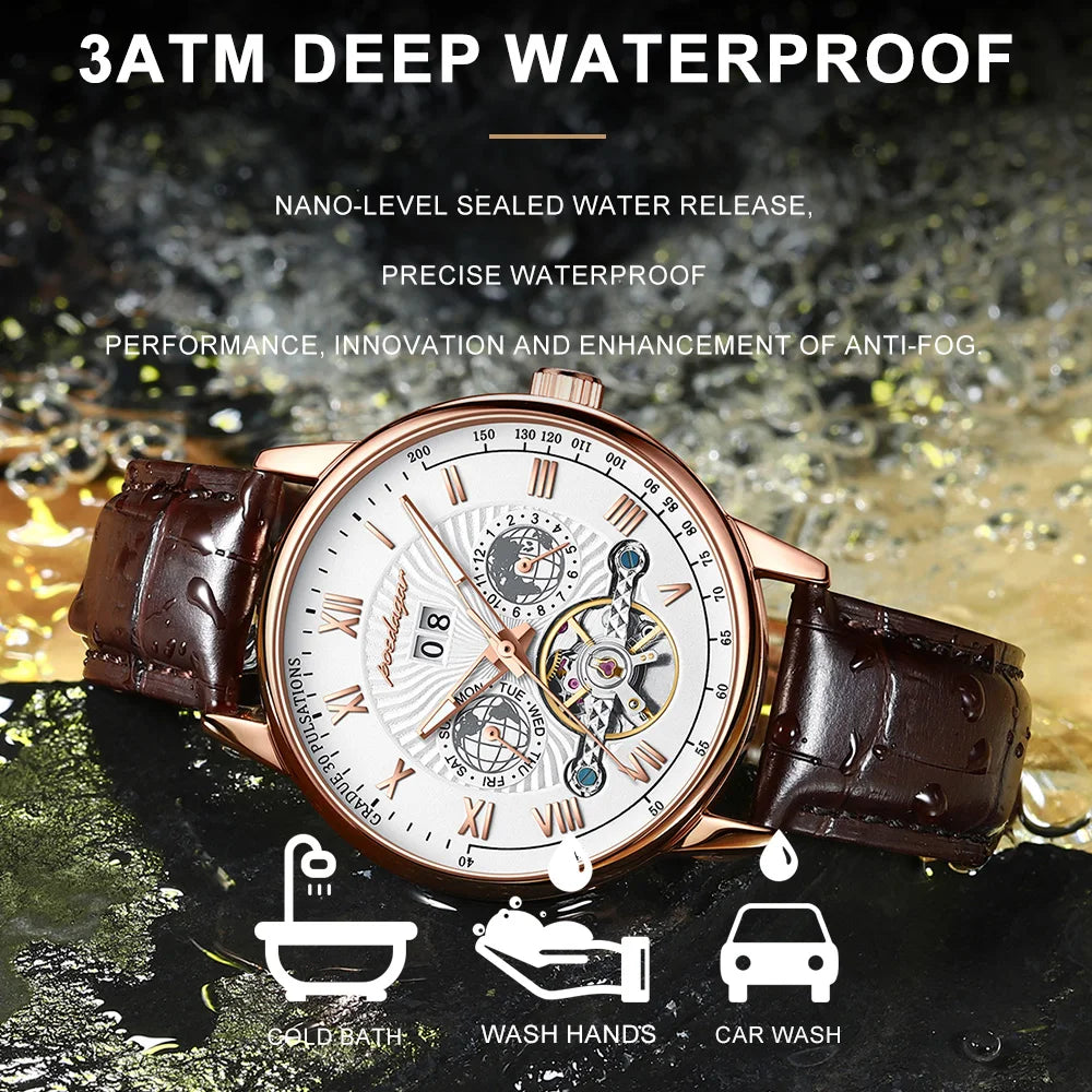 POEDAGAR Automatic Mechanical Tourbillon Business Watch Casual Date&Week&Month Luminous Waterproof Leather Men Watch Hot Relojes