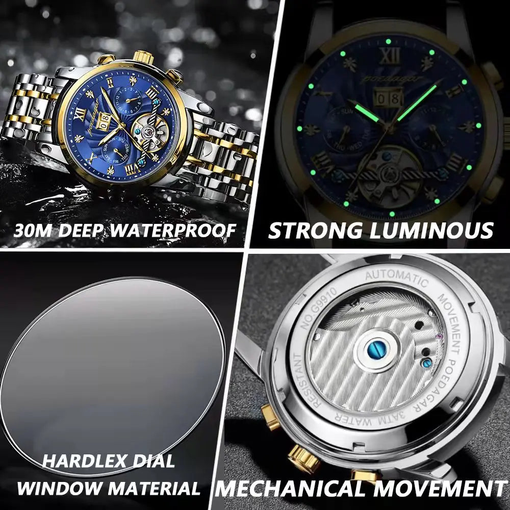 POEDAGAR Automatic Mechanical Tourbillon Business Wristwatch Luxury Hollow Waterproof Stainless Steel Men Watches Relojes Hombre