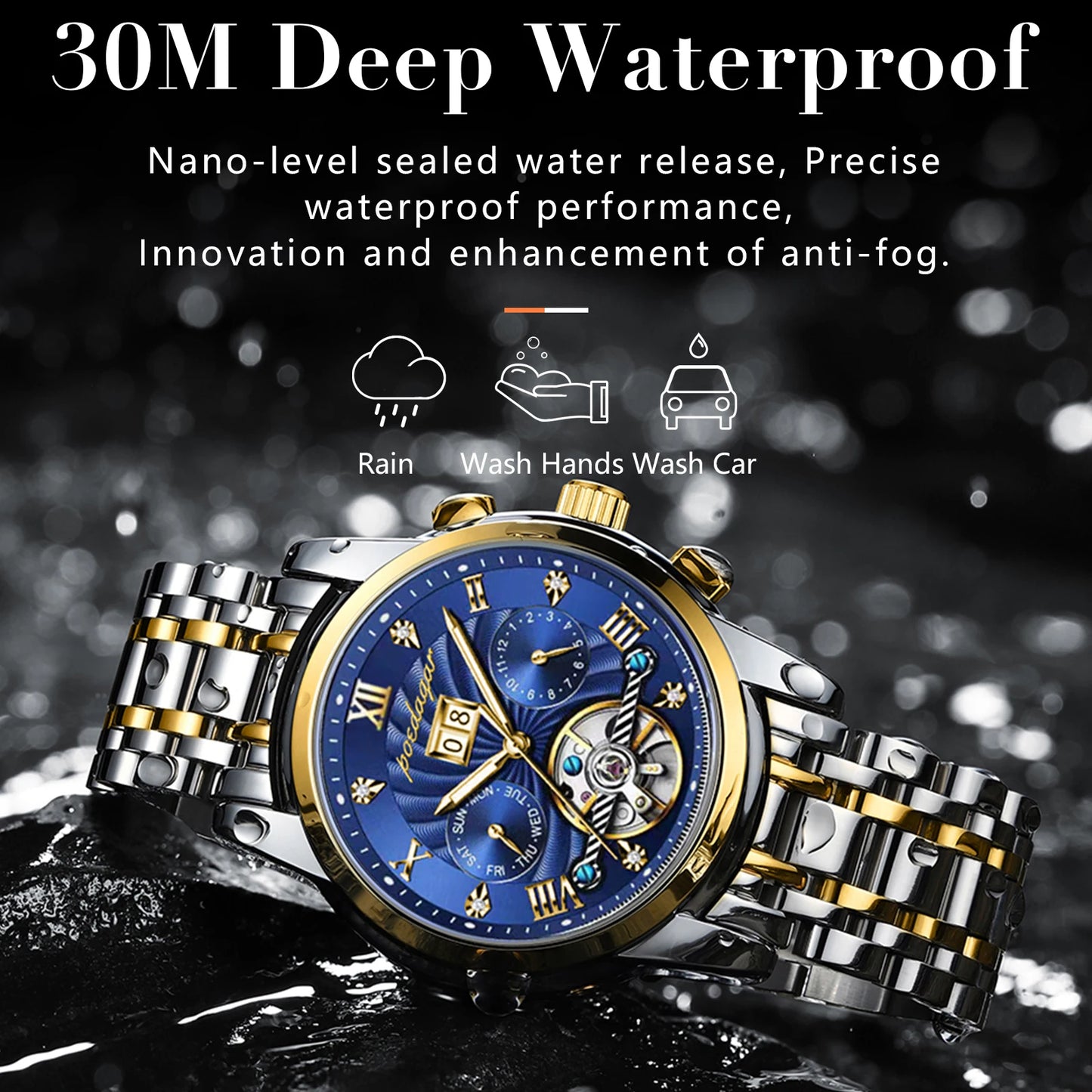 POEDAGAR Automatic Mechanical Tourbillon Business Wristwatch Luxury Hollow Waterproof Stainless Steel Men Watches Relojes Hombre