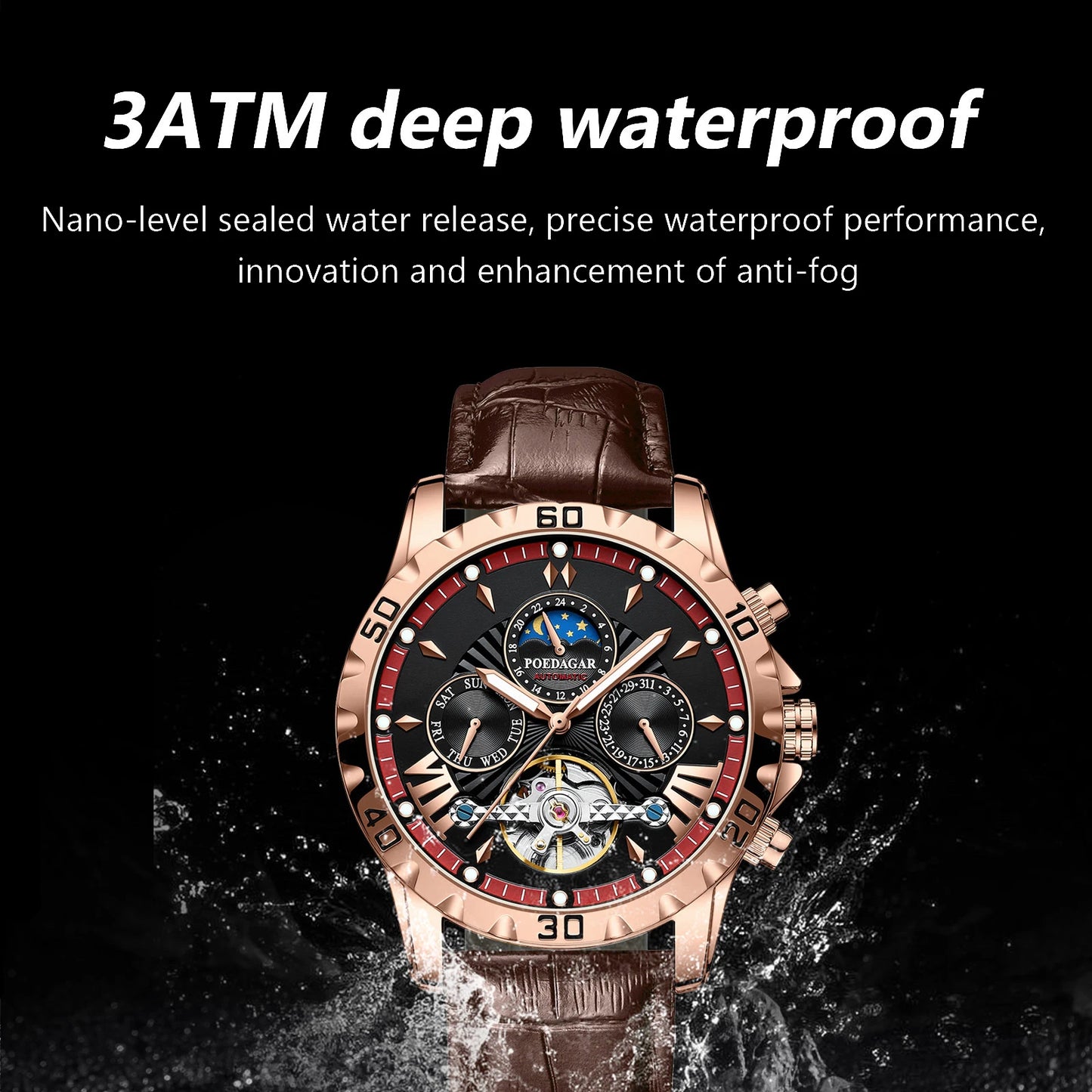 POEDAGAR Automatic Mechanical Tourbillon Wristwatch Luxury Watch for Men Waterproof Luminous Date Week Leather Men's Watches+box