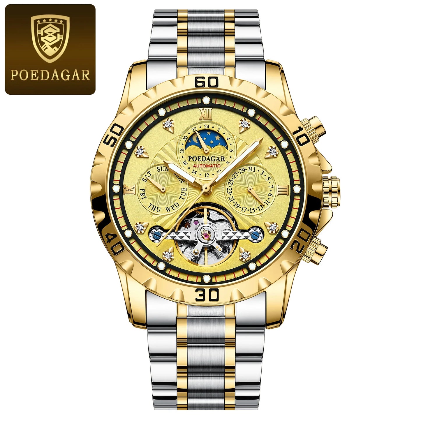 POEDAGAR Automatic Mechanical Tourbillon Wristwatch Luxury Watch for Men Waterproof Luminous Date Week Leather Men's Watches+box