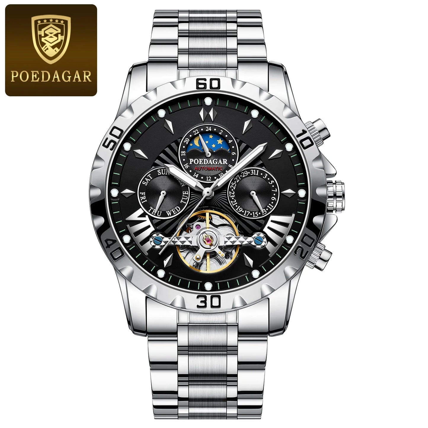 POEDAGAR Automatic Mechanical Tourbillon Wristwatch Luxury Watch for Men Waterproof Luminous Date Week Leather Men's Watches+box