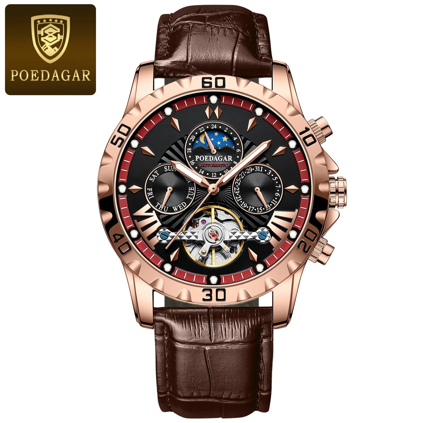 POEDAGAR Automatic Mechanical Tourbillon Wristwatch Luxury Watch for Men Waterproof Luminous Date Week Leather Men's Watches+box