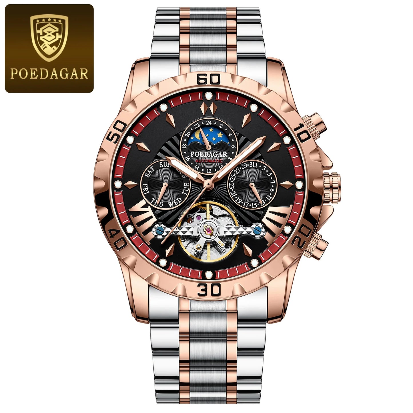 POEDAGAR Automatic Mechanical Tourbillon Wristwatch Luxury Watch for Men Waterproof Luminous Date Week Leather Men's Watches+box