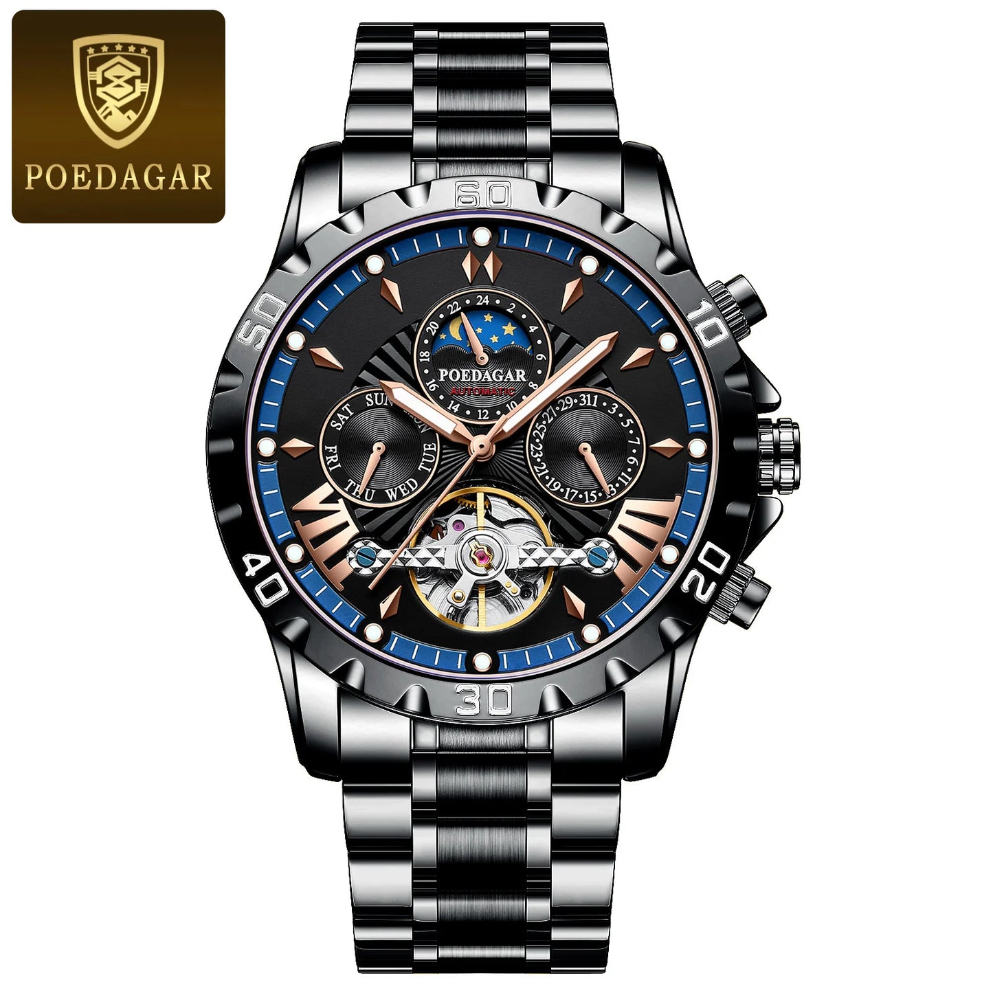 POEDAGAR Automatic Mechanical Tourbillon Wristwatch Luxury Watch for Men Waterproof Luminous Date Week Leather Men's Watches+box