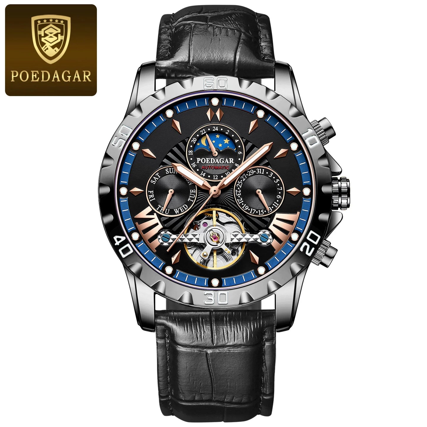 POEDAGAR Automatic Mechanical Tourbillon Wristwatch Luxury Watch for Men Waterproof Luminous Date Week Leather Men's Watches+box