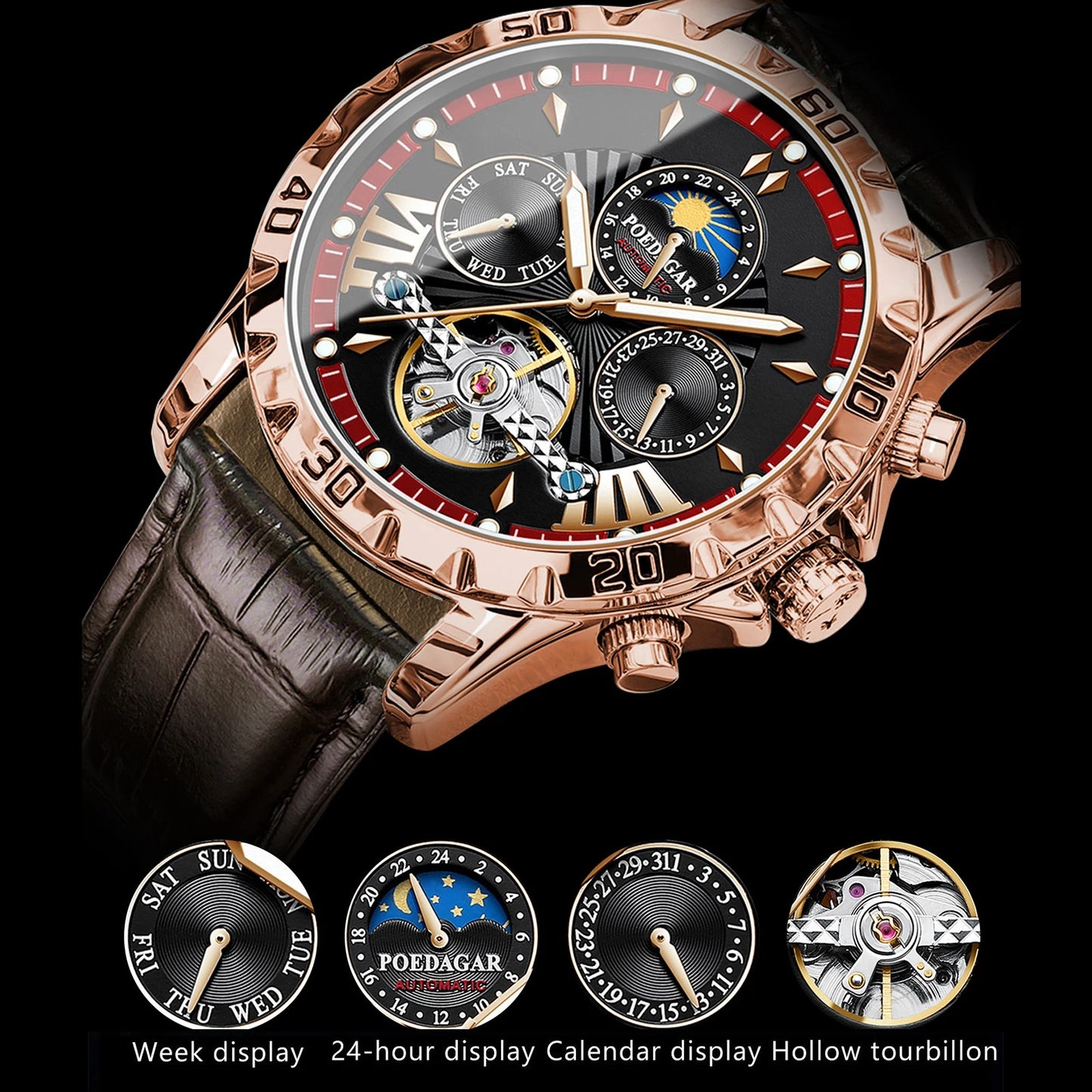 POEDAGAR Automatic Mechanical Tourbillon Wristwatch Luxury Watch for Men Waterproof Luminous Date Week Leather Men's Watches+box