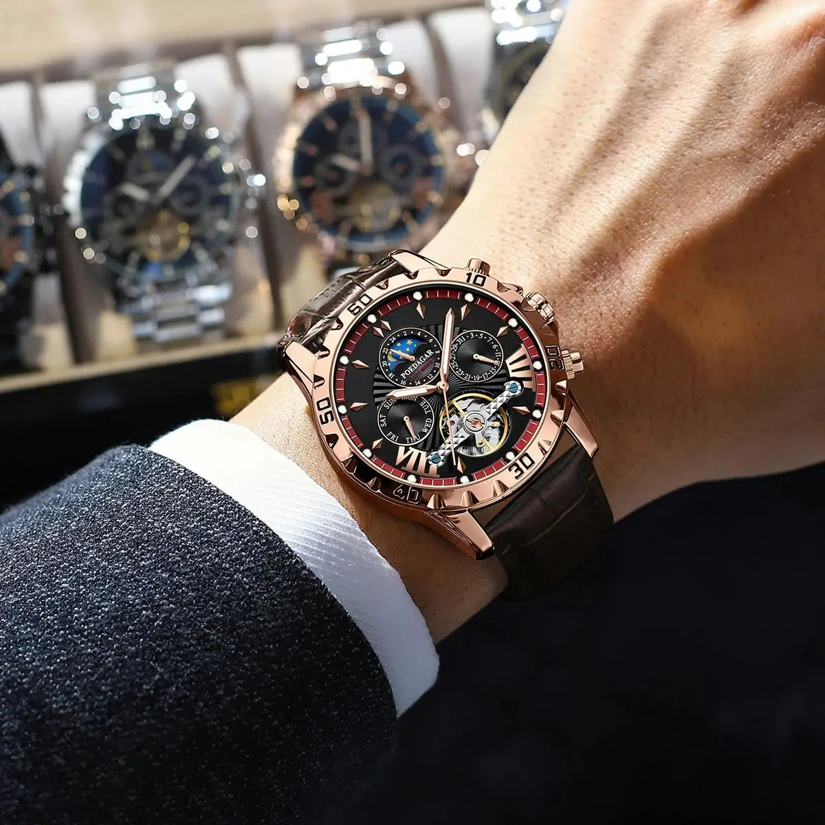 POEDAGAR Automatic Mechanical Tourbillon Wristwatch Luxury Watch for Men Waterproof Luminous Date Week Leather Men's Watches+box