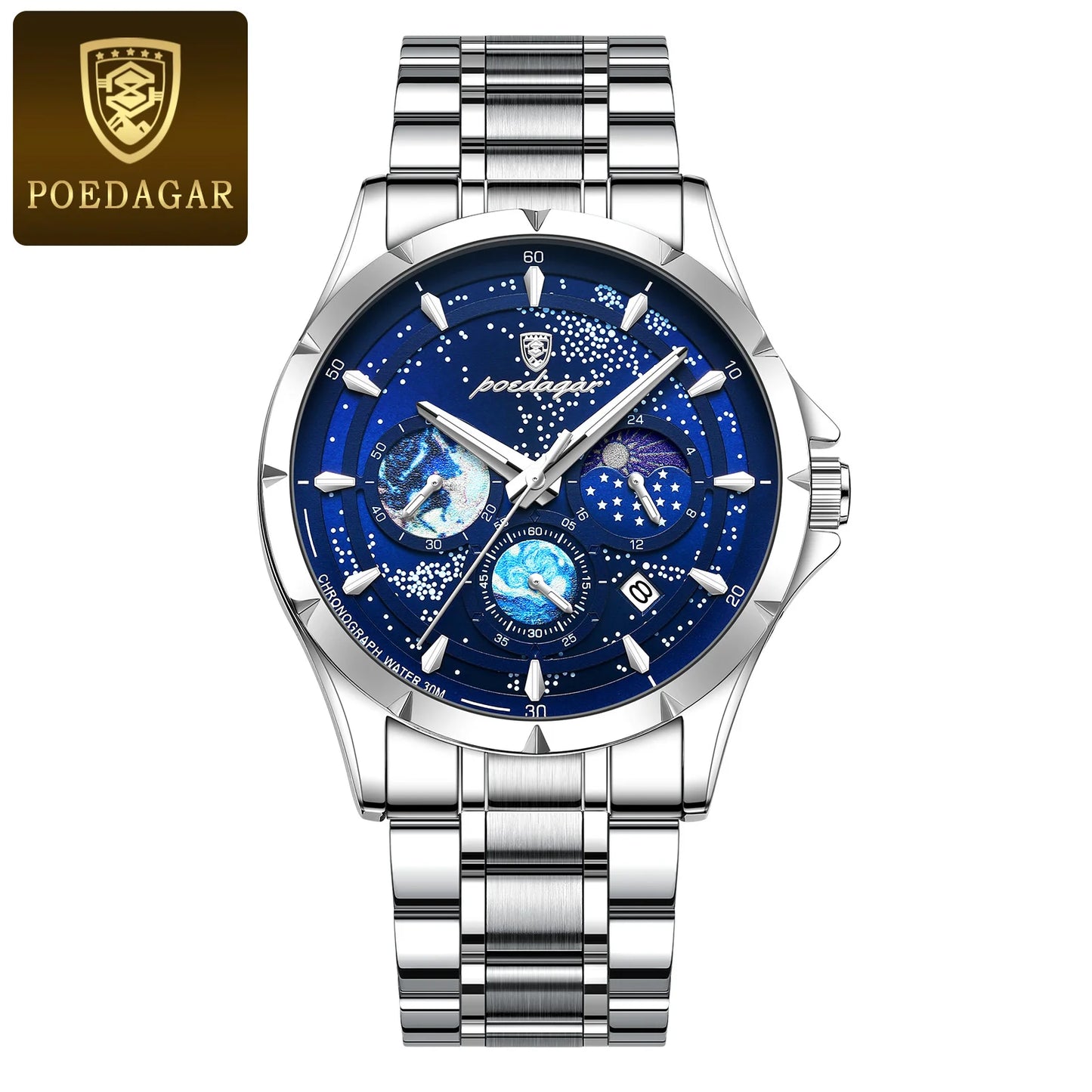 POEDAGAR Casual Man Wristwatch Luxury Waterproof Luminous Date Men Watch Chronograph Stainless Steel Men's Quartz Watches Clock