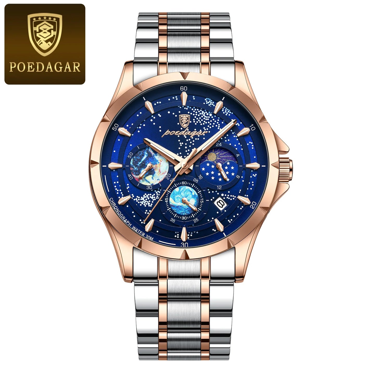 POEDAGAR Casual Man Wristwatch Luxury Waterproof Luminous Date Men Watch Chronograph Stainless Steel Men's Quartz Watches Clock