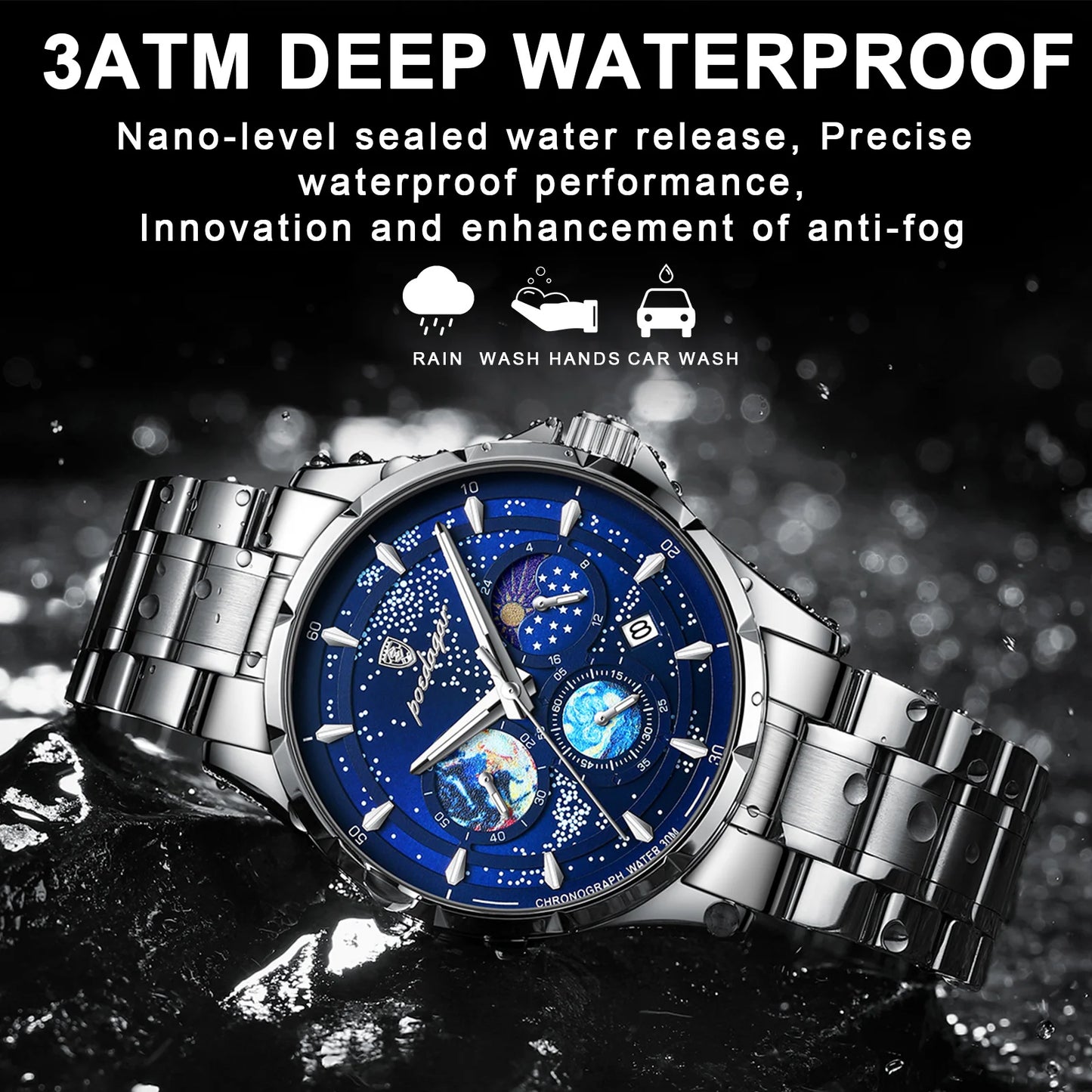 POEDAGAR Casual Man Wristwatch Luxury Waterproof Luminous Date Men Watch Chronograph Stainless Steel Men's Quartz Watches Clock