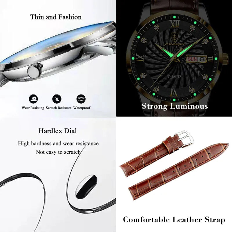 POEDAGAR High Quality Men's Watch Fashion Luxury Casual Belt Leather Strap Date Week Luminous Waterproof Quartz Men Watches+Box