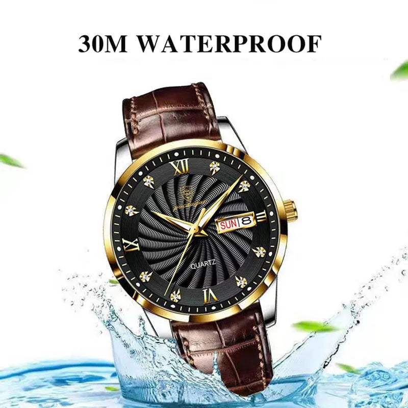 POEDAGAR High Quality Men's Watch Fashion Luxury Casual Belt Leather Strap Date Week Luminous Waterproof Quartz Men Watches+Box