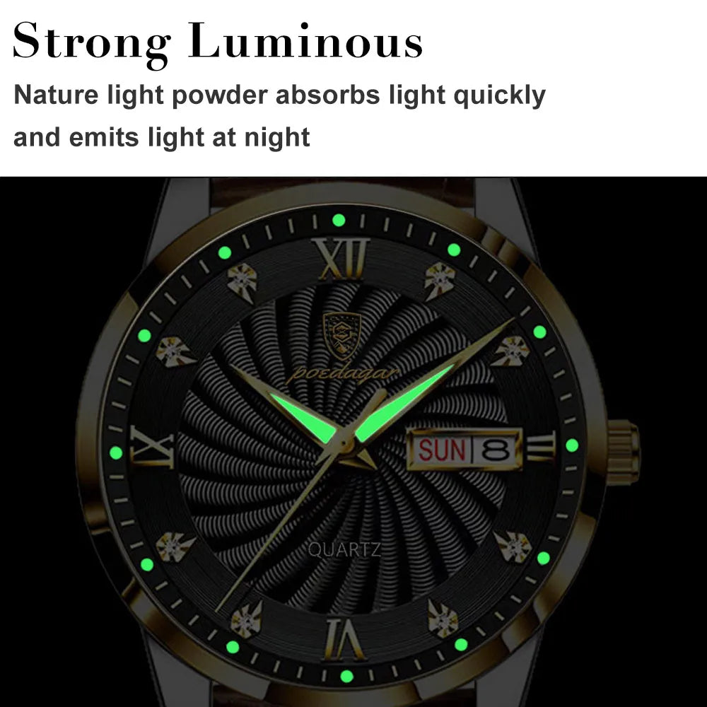 POEDAGAR High Quality Men's Watch Fashion Luxury Casual Belt Leather Strap Date Week Luminous Waterproof Quartz Men Watches+Box