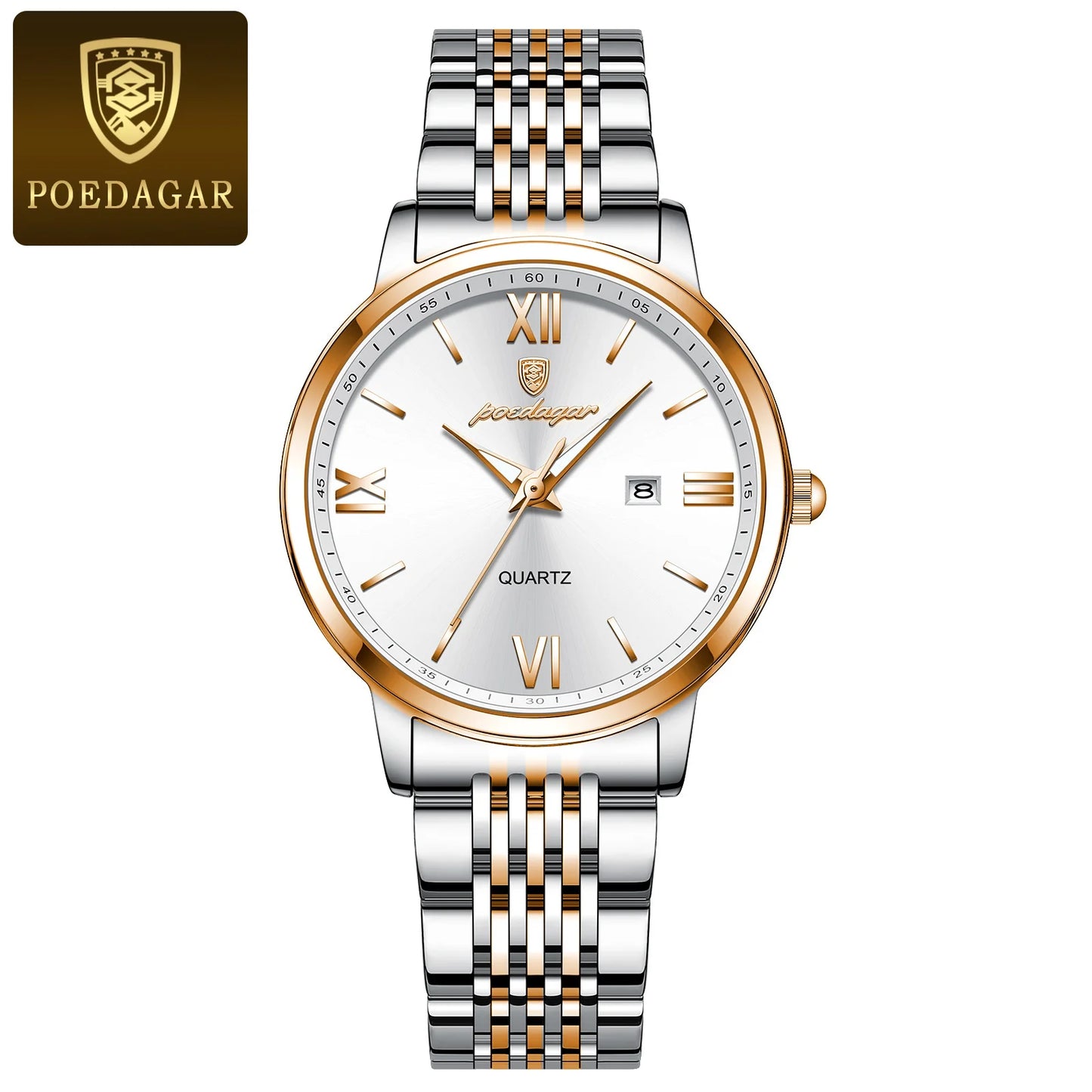 POEDAGAR Ladies Wristwatch Luxury Waterproof Luminous Date Gold Watch For Women Dress Stainless Steel Quartz Women's Watches+Box