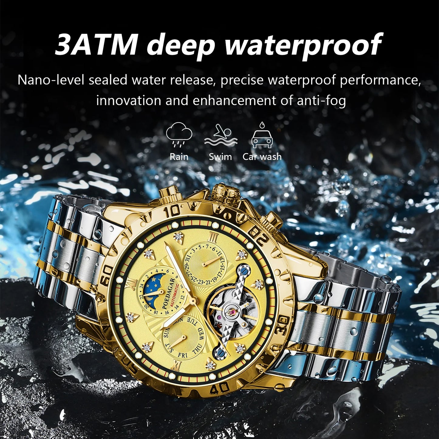 POEDAGAR Luxury Automatic Mechanical Watch Tourbillon Waterproof Luminous Date Week Men Wristwatch Stainless Steel Men's Watches