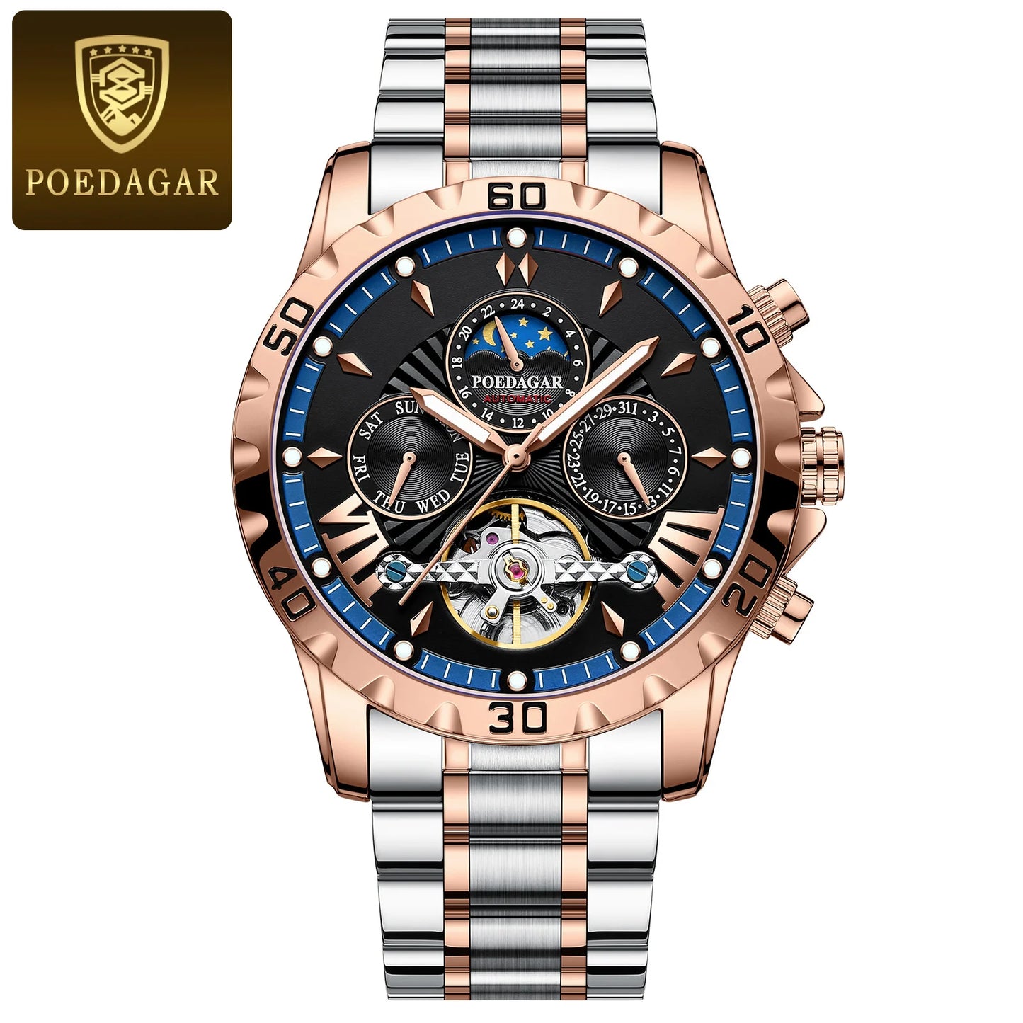 POEDAGAR Luxury Automatic Mechanical Watch Tourbillon Waterproof Luminous Date Week Men Wristwatch Stainless Steel Men's Watches