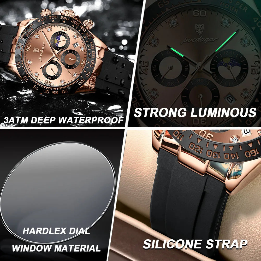 POEDAGAR Casual  Watch Business Sport Chronograph Date Luminous Waterproof Silicone Strap Men's Watch Male reloj