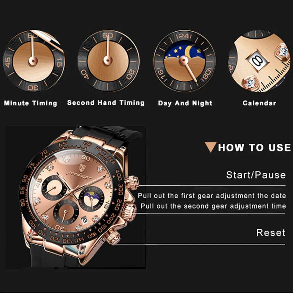 POEDAGAR Casual  Watch Business Sport Chronograph Date Luminous Waterproof Silicone Strap Men's Watch Male reloj