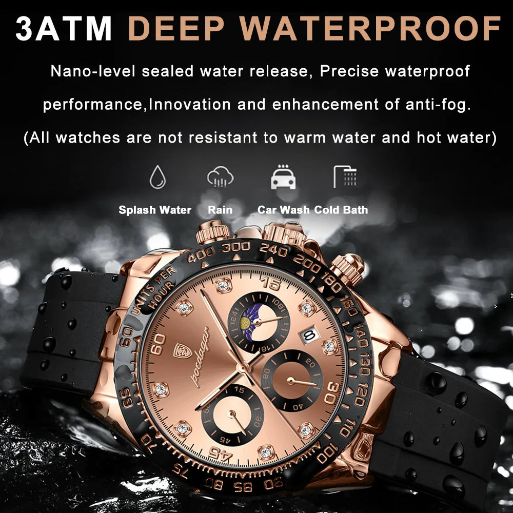 POEDAGAR Casual  Watch Business Sport Chronograph Date Luminous Waterproof Silicone Strap Men's Watch Male reloj