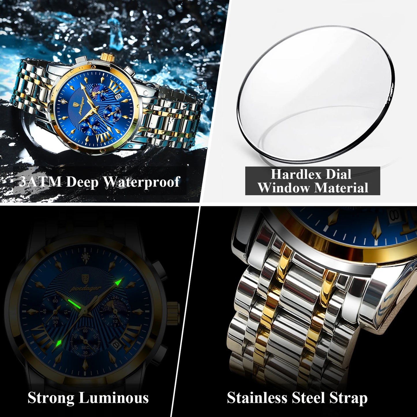 POEDAGAR Luxury Fashion Watch Men Waterproof Luminous Date Chronograph Watches Man Quartz Military Stainless Steel Men's Watches