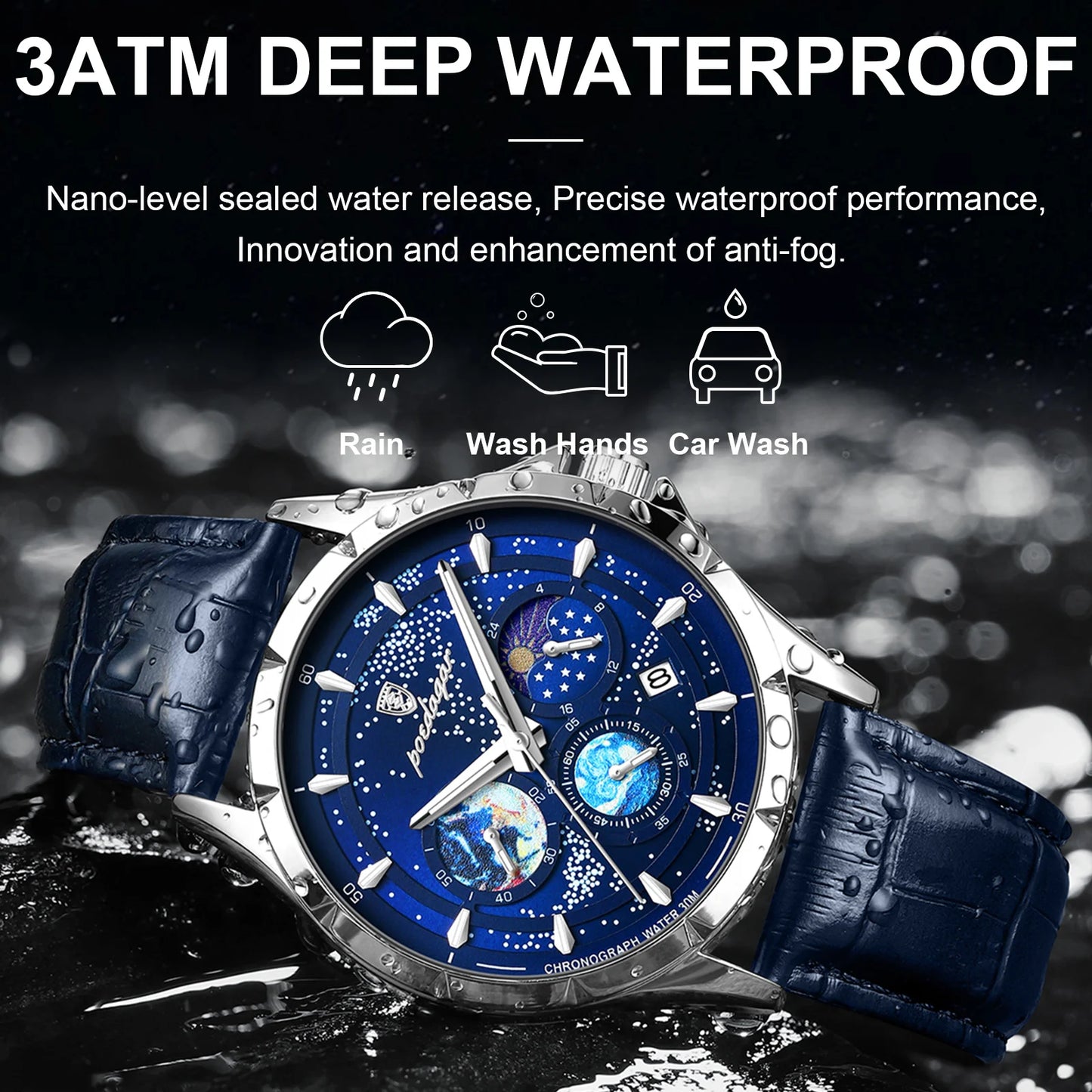 POEDAGAR Luxury Man Wristwatch Business Starry Sky Quartz Men Watch Waterproof Luminous Chronograph Date Men's Watches Leather