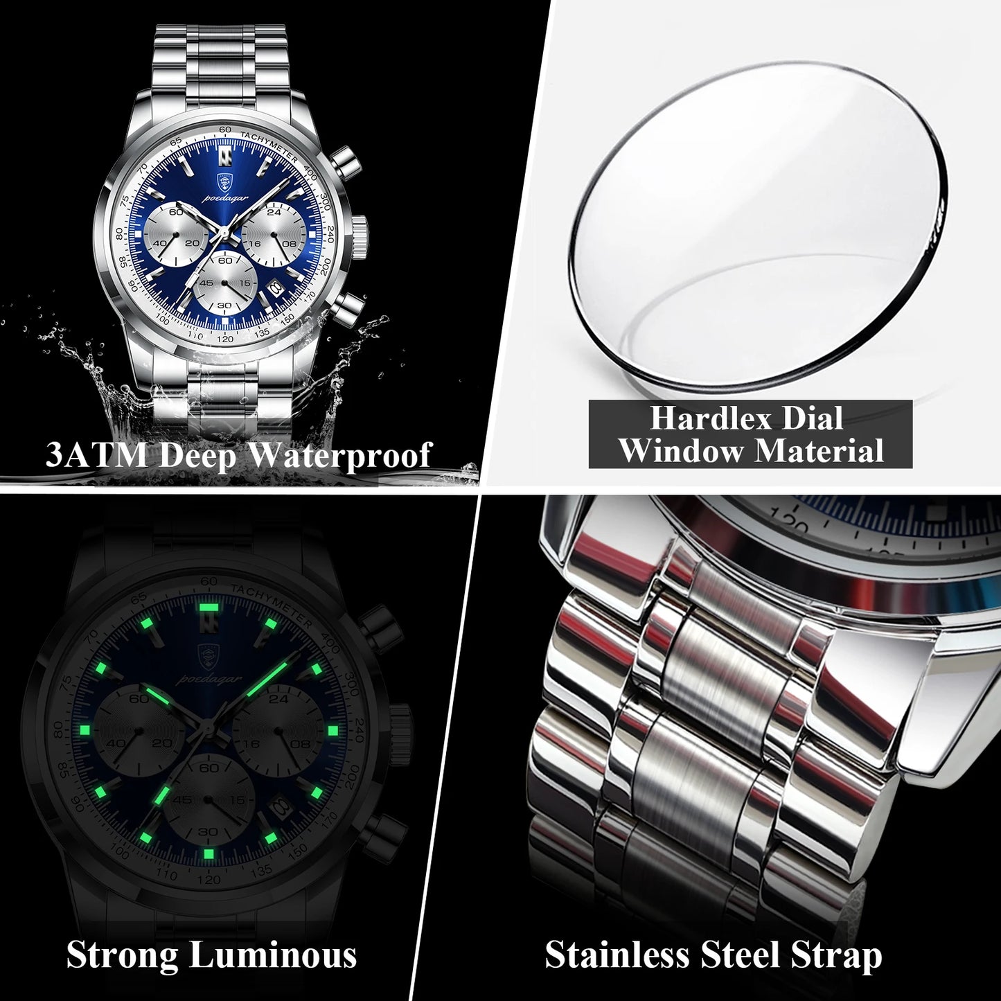 POEDAGAR Luxury Men Watch Waterproof Luminous Chronograph Date Stainless Steel Watch for Men Quartz Military Men's Watches Reloj