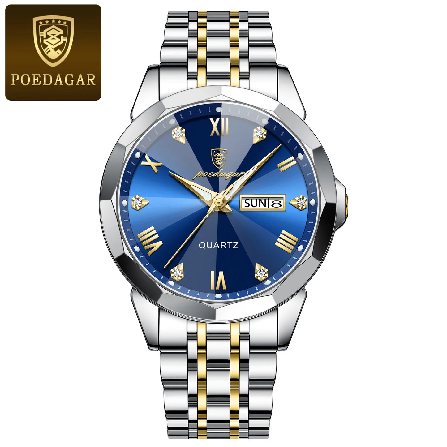 POEDAGAR Luxury Men Wristwatch Business Waterproof Luminous Date Week Man Watch Stainless Steel Band Men's Quartz Watches Sports