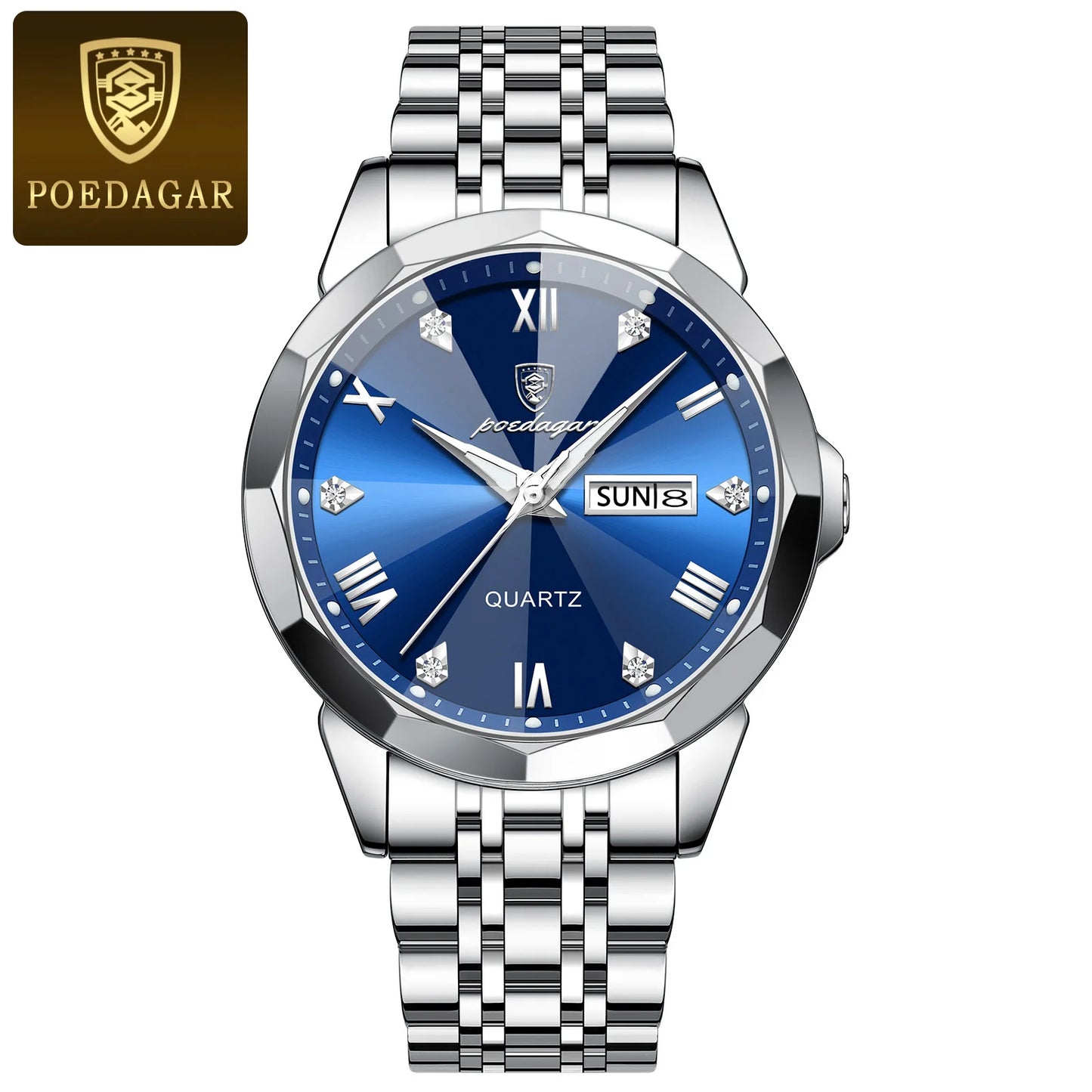 POEDAGAR Luxury Men Wristwatch Business Waterproof Luminous Date Week Man Watch Stainless Steel Band Men's Quartz Watches Sports