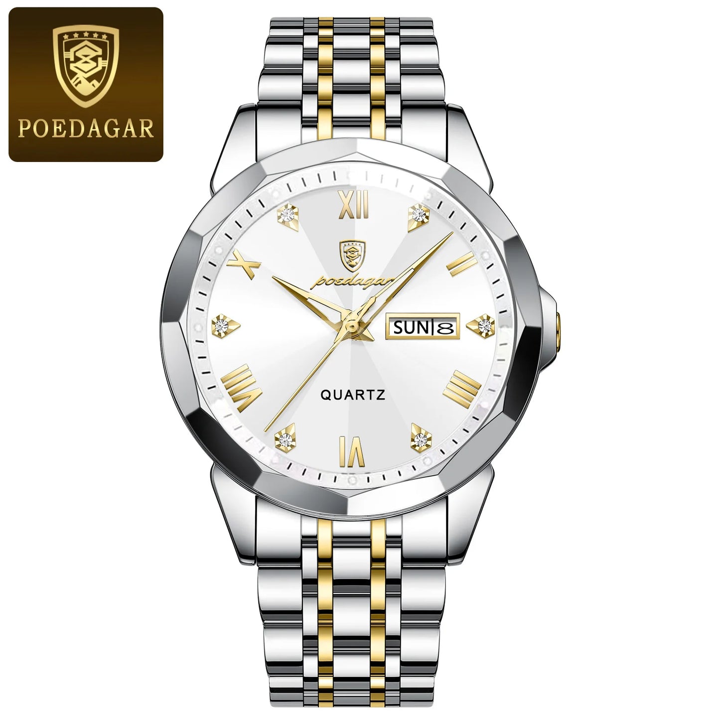 POEDAGAR Luxury Men Wristwatch Business Waterproof Luminous Date Week Man Watch Stainless Steel Band Men's Quartz Watches Sports