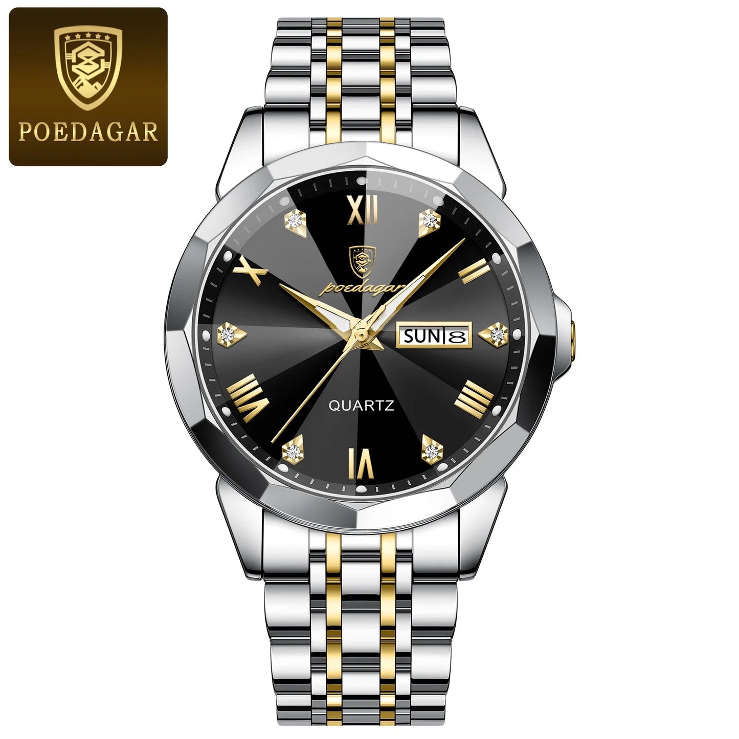 POEDAGAR Luxury Men Wristwatch Business Waterproof Luminous Date Week Man Watch Stainless Steel Band Men's Quartz Watches Sports