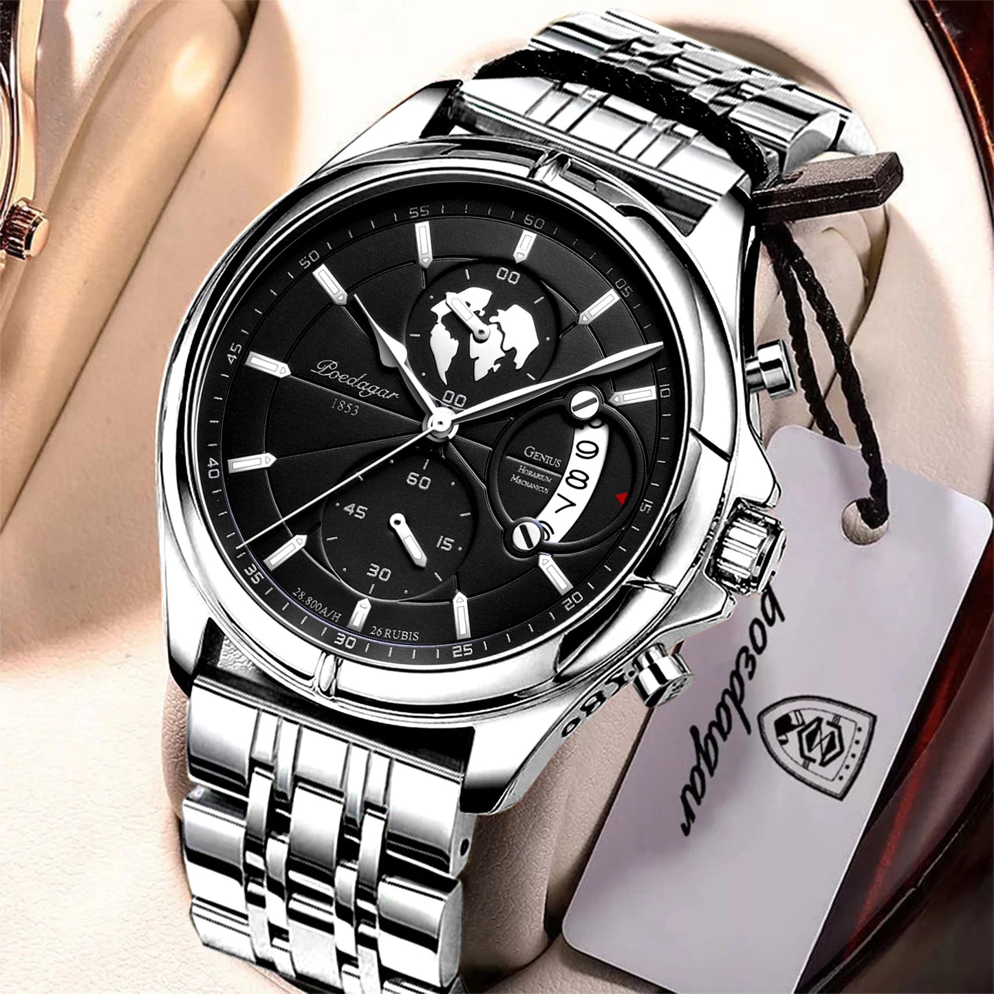 POEDAGAR Luxury Watches Sport Top Brand Military Calendar Waterproof Stainless Steel Multifunctional Men Watch for Man Clock+Box