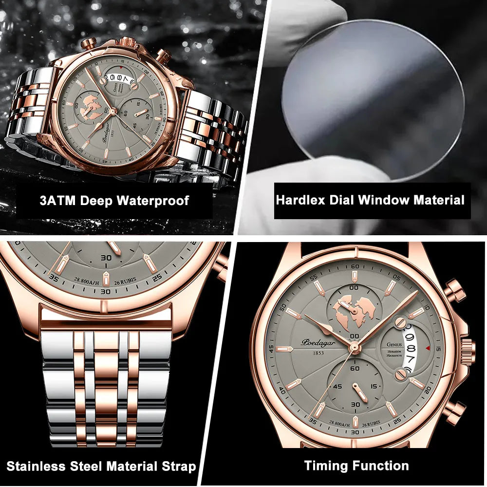 POEDAGAR Luxury Watches Sport Top Brand Military Calendar Waterproof Stainless Steel Multifunctional Men Watch for Man Clock+Box