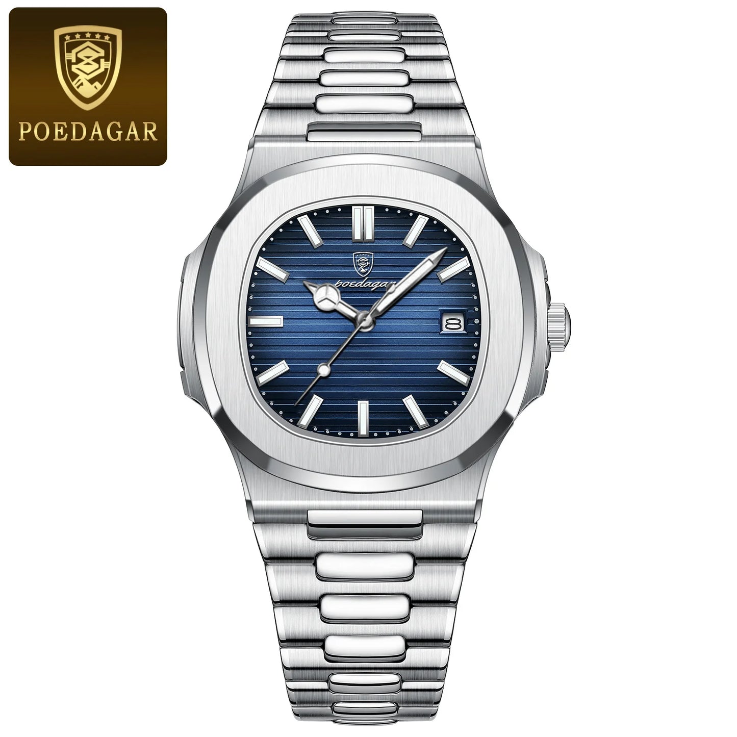 POEDAGAR Man Wristwatch Business Luxury Square Men Quartz Watch Waterproof Luminous Date Stainless Steel Men's Watches Clock+box