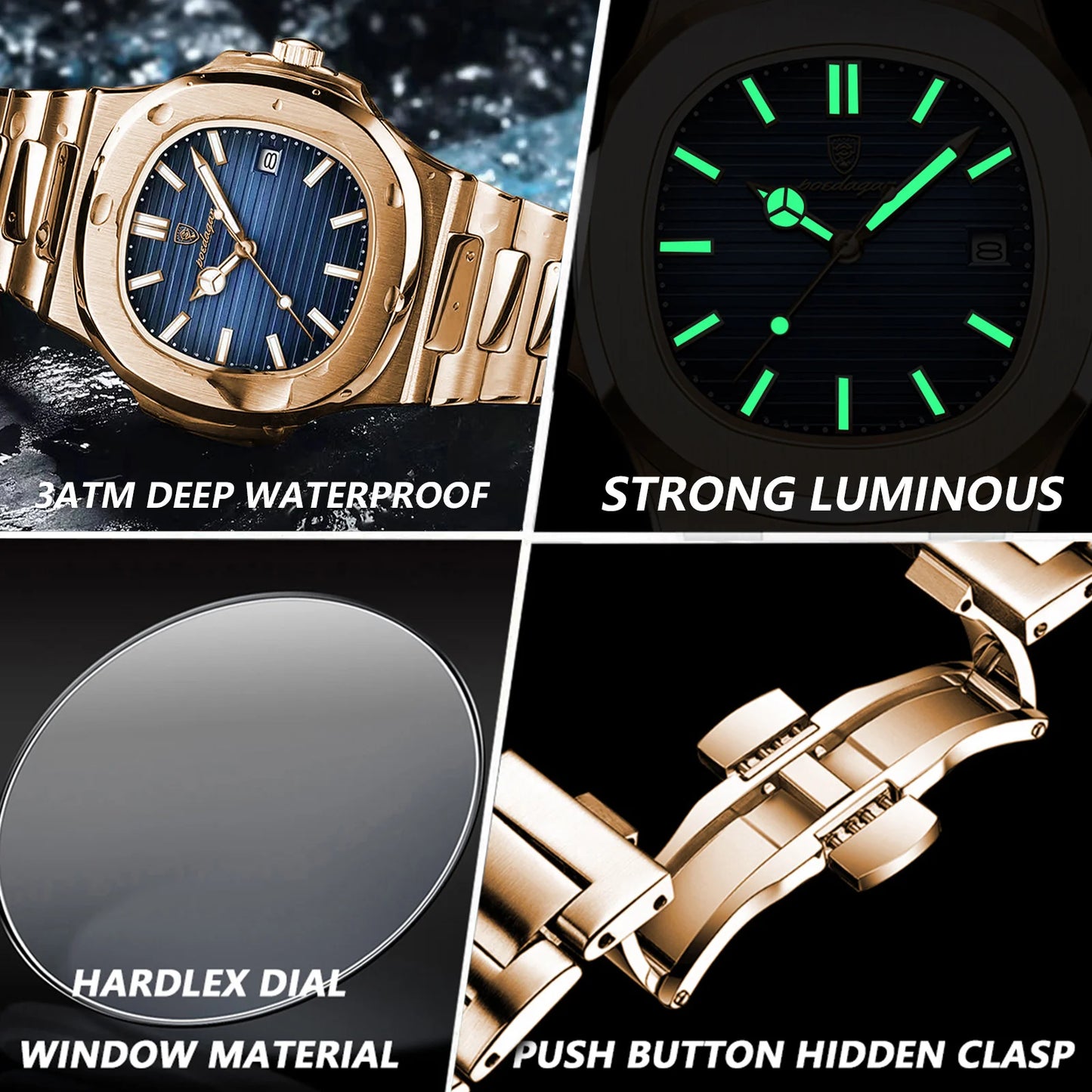 POEDAGAR Man Wristwatch Business Luxury Square Men Quartz Watch Waterproof Luminous Date Stainless Steel Men's Watches Clock+box