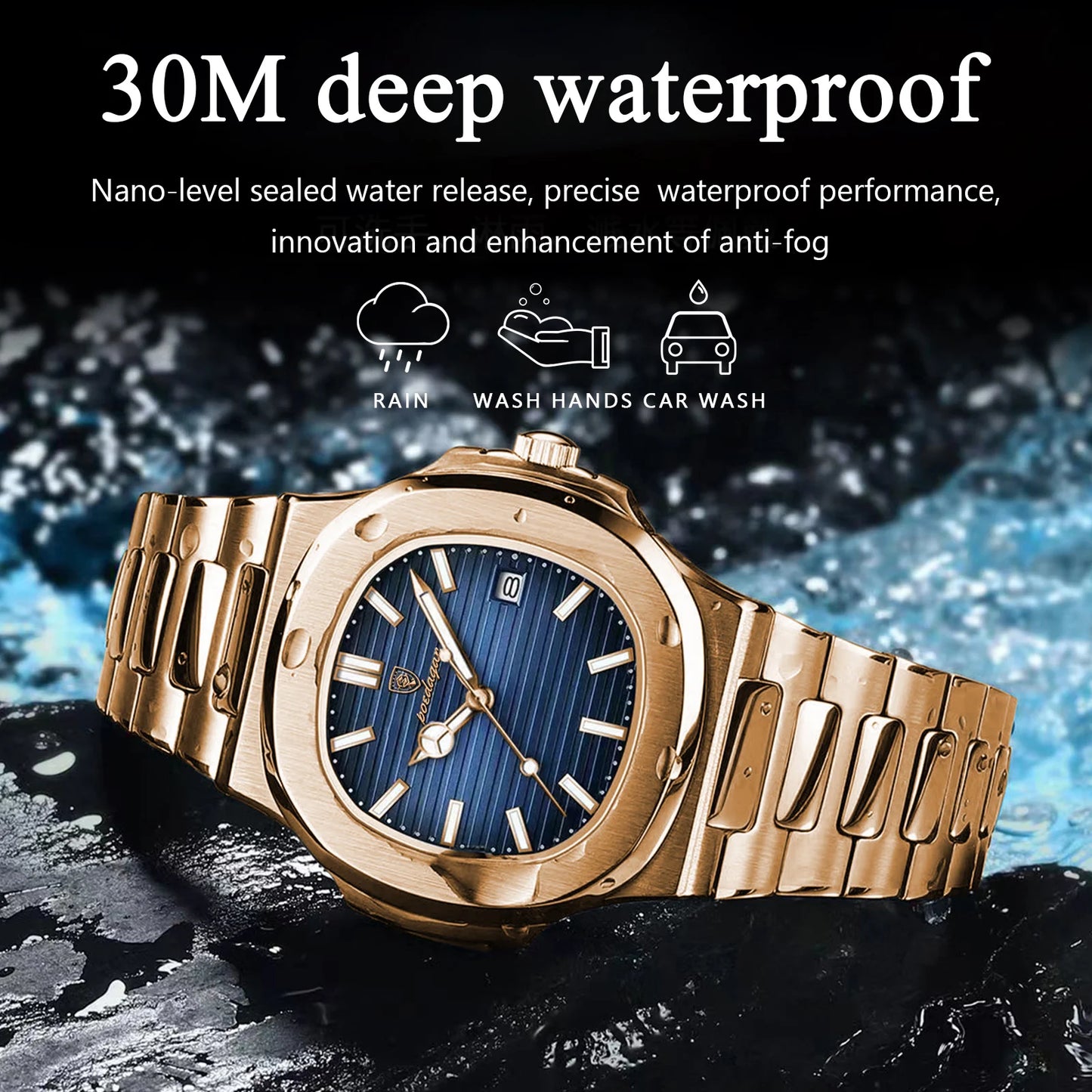 POEDAGAR Man Wristwatch Business Luxury Square Men Quartz Watch Waterproof Luminous Date Stainless Steel Men's Watches Clock+box