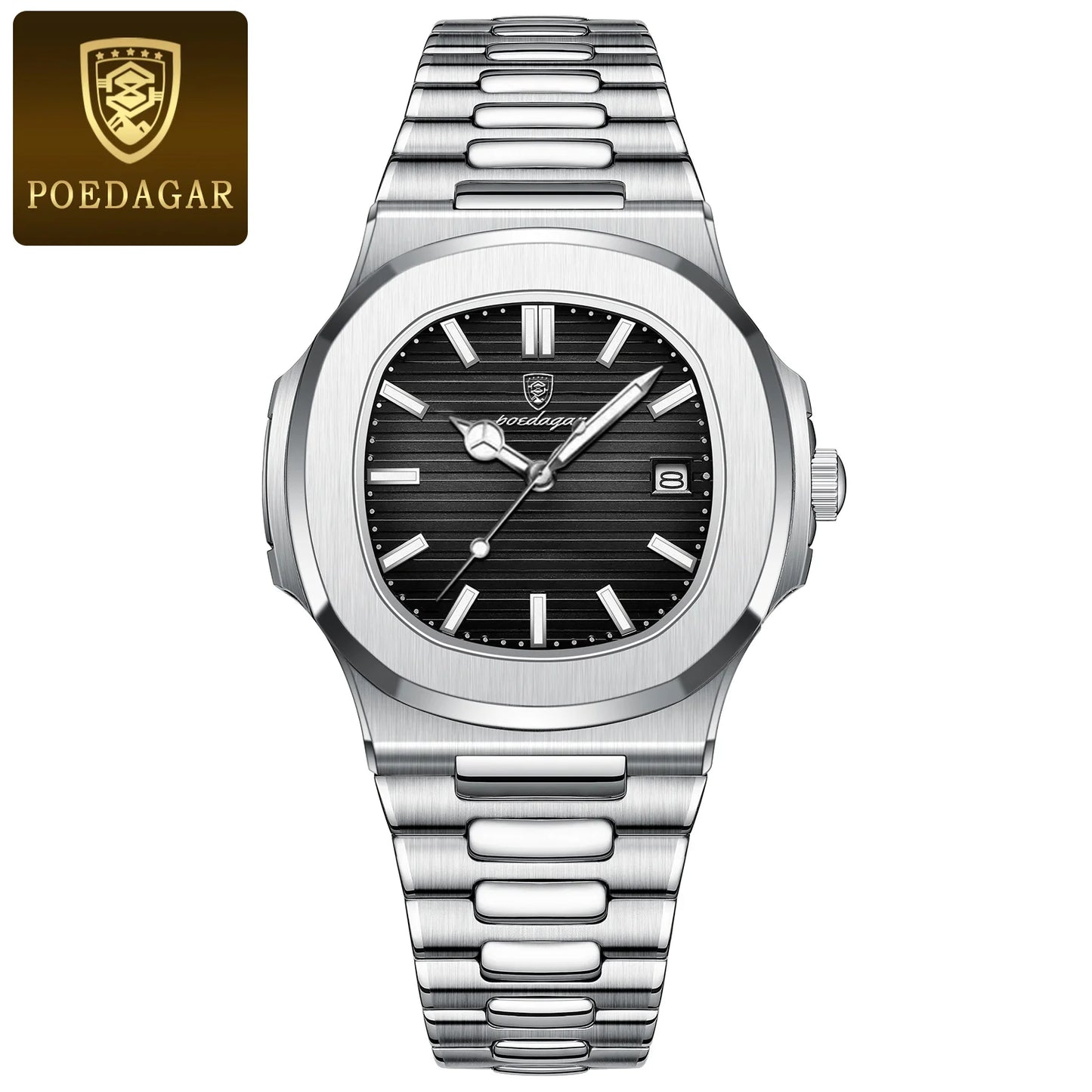 POEDAGAR Man Wristwatch Business Luxury Square Men Quartz Watch Waterproof Luminous Date Stainless Steel Men's Watches Clock+box