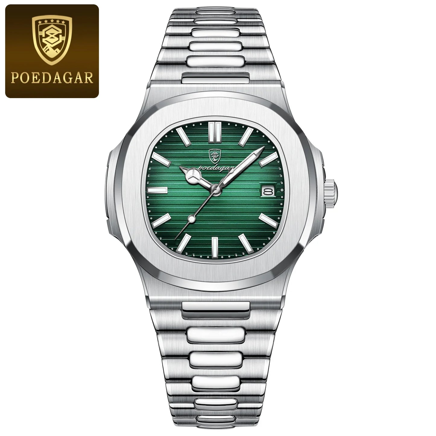 POEDAGAR Man Wristwatch Business Luxury Square Men Quartz Watch Waterproof Luminous Date Stainless Steel Men's Watches Clock+box