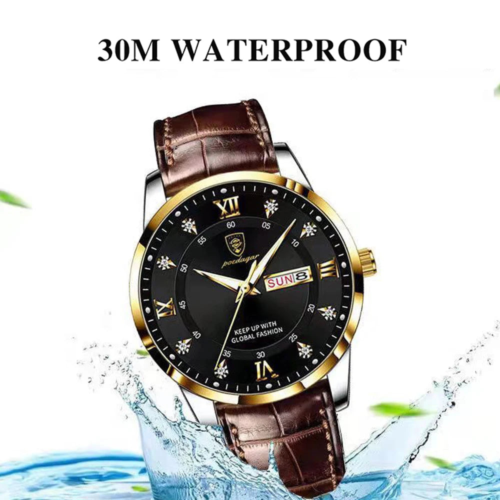 POEDAGAR Men Watch Fashion High Quality Leather Watches Waterproof Luminous Week Date Top Brand Luxury Quartz Man Wristwatch