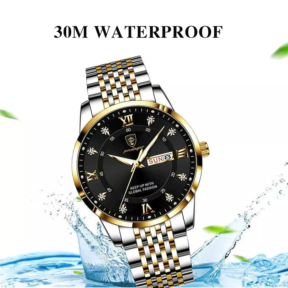 POEDAGAR Men Watch Luxury Business Quartz Men's Wristwatch Waterproof Luminous Date Week Steel Strap Top Brand Man Watches