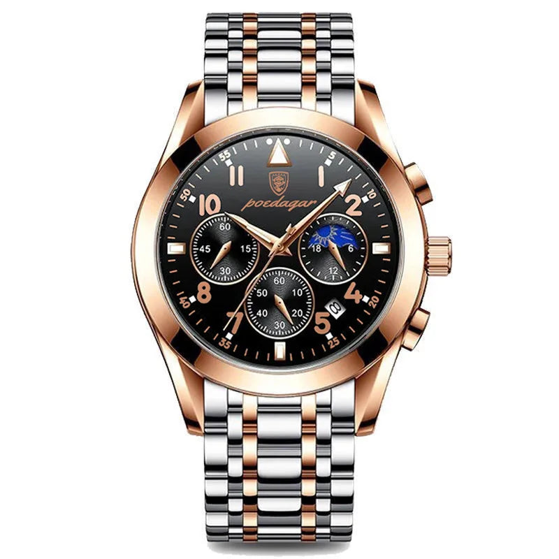 POEDAGAR Men Watches Stainless Steel Time Chronograph 2022 Fashion New Rose Gold Wristwatch Waterproof Luminous Quartz Watches