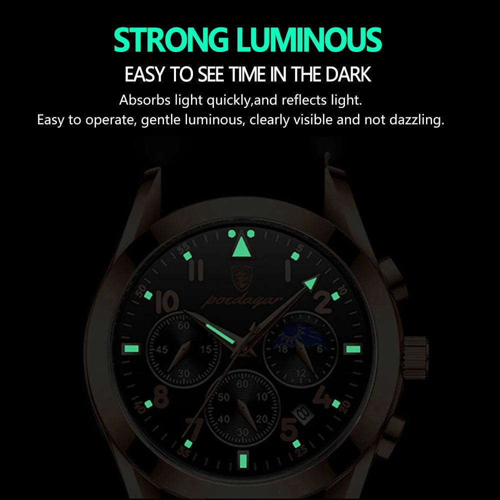 POEDAGAR Men Watches Stainless Steel Time Chronograph 2022 Fashion New Rose Gold Wristwatch Waterproof Luminous Quartz Watches