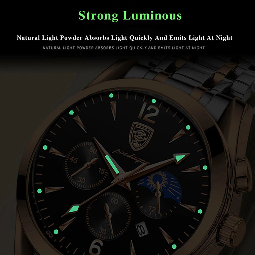 POEDAGAR Men Watches Stainless Steel Waterproof Luminous 2021 Fashion New Rose Gold Wristwatch Business Top Luxury Quartz Watch