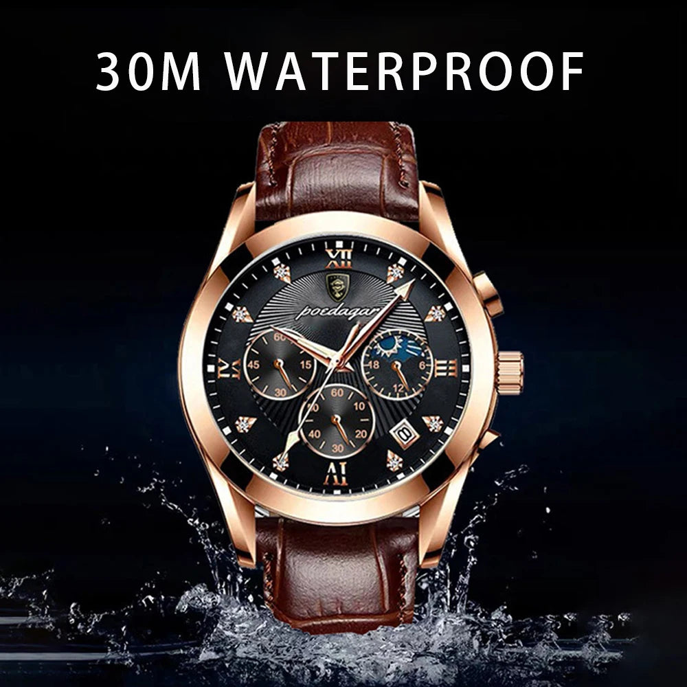 POEDAGAR Men Watches Waterproof 2021 Fashion New Leather Luminous Wristwatch Top Brand Luxury Mens Quartz Relogio Masculino